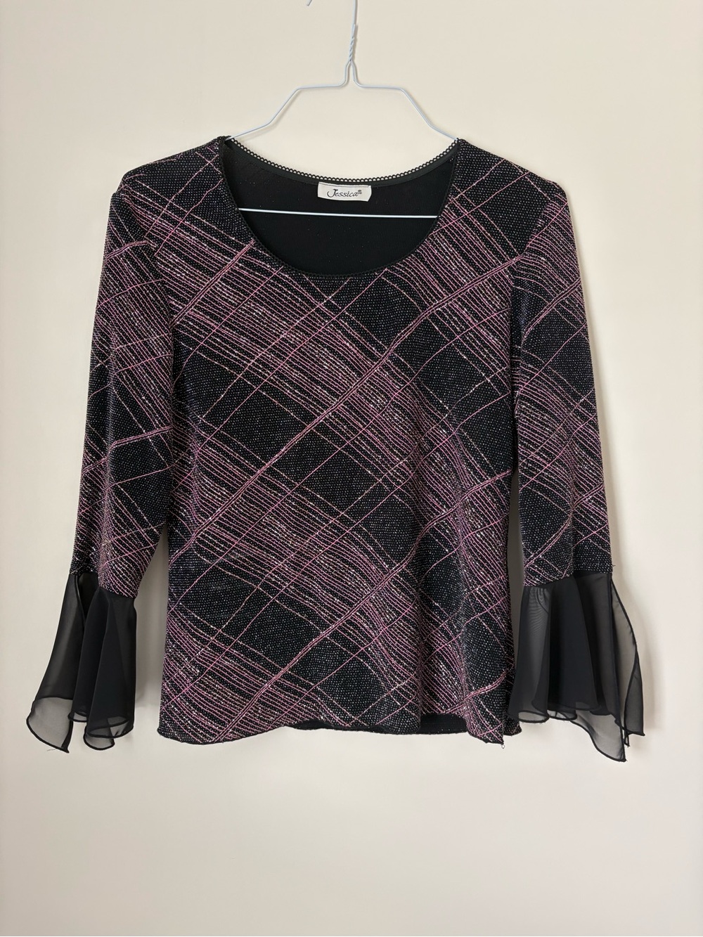 Jessica Black and Pink Glitter Plaid Bell-Sleeve Top